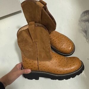 Vintage Western Ostrich Leather Boots Brown Chunky Sole Cowboy Women’s Size 9